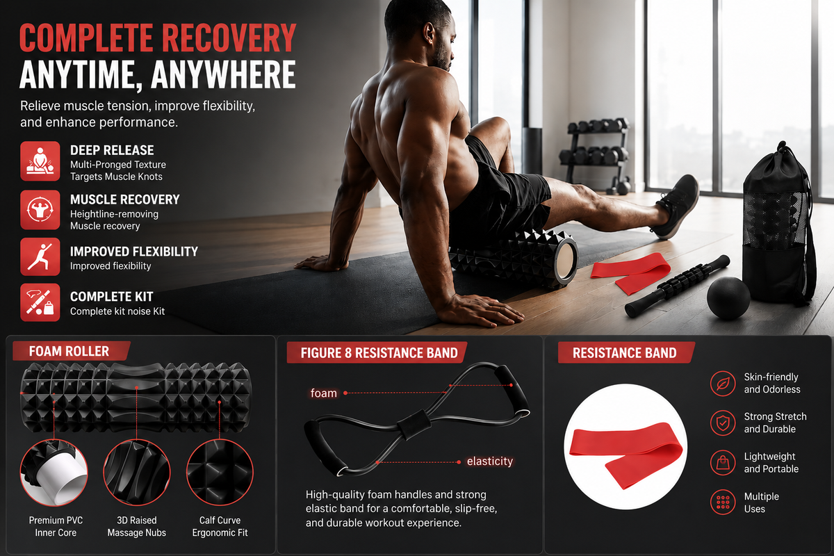 6-in-1 Foam Roller & Muscle Recovery Set – Deep Tissue Massage Roller Stick, Spiky Ball, Resistance Band & Travel Bag