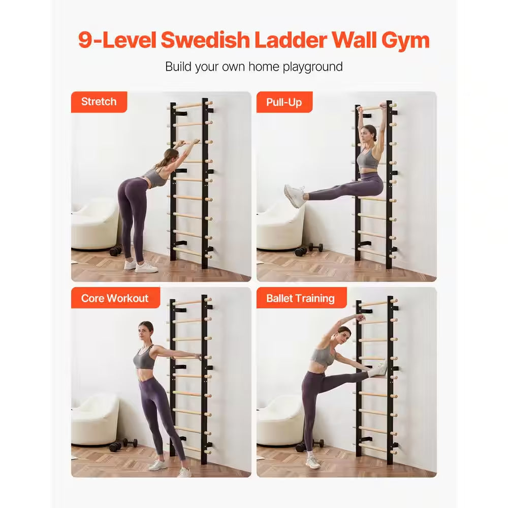 Apex Pro Solid Beechwood Swedish Ladder Wall Gym | 9-Rung Carbon Steel Stall Bar System