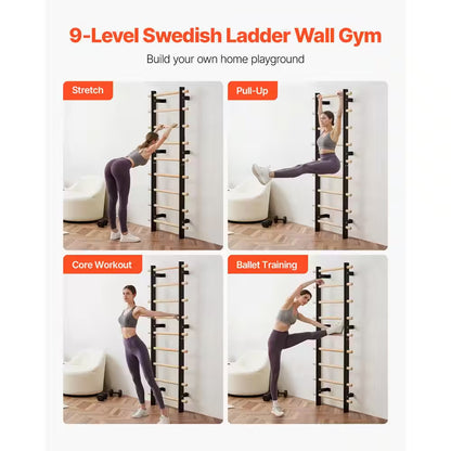 Apex Pro Solid Beechwood Swedish Ladder Wall Gym | 9-Rung Carbon Steel Stall Bar System