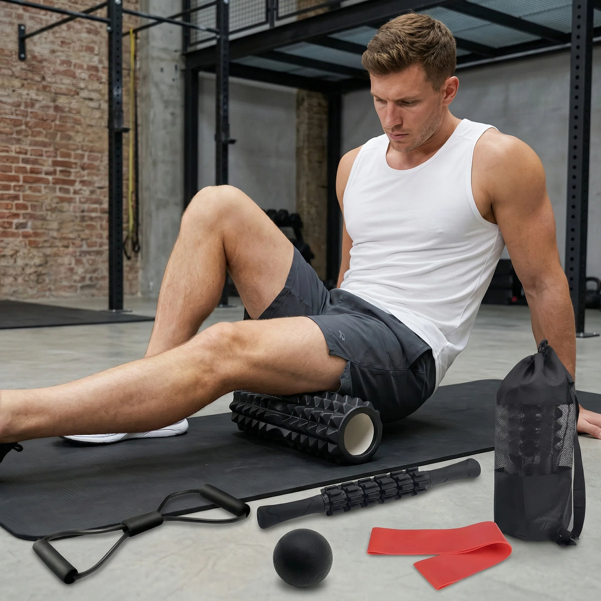 6-in-1 Foam Roller & Muscle Recovery Set – Deep Tissue Massage Roller Stick, Spiky Ball, Resistance Band & Travel Bag