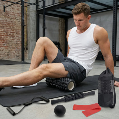 6-in-1 Foam Roller & Muscle Recovery Set – Deep Tissue Massage Roller Stick, Spiky Ball, Resistance Band & Travel Bag