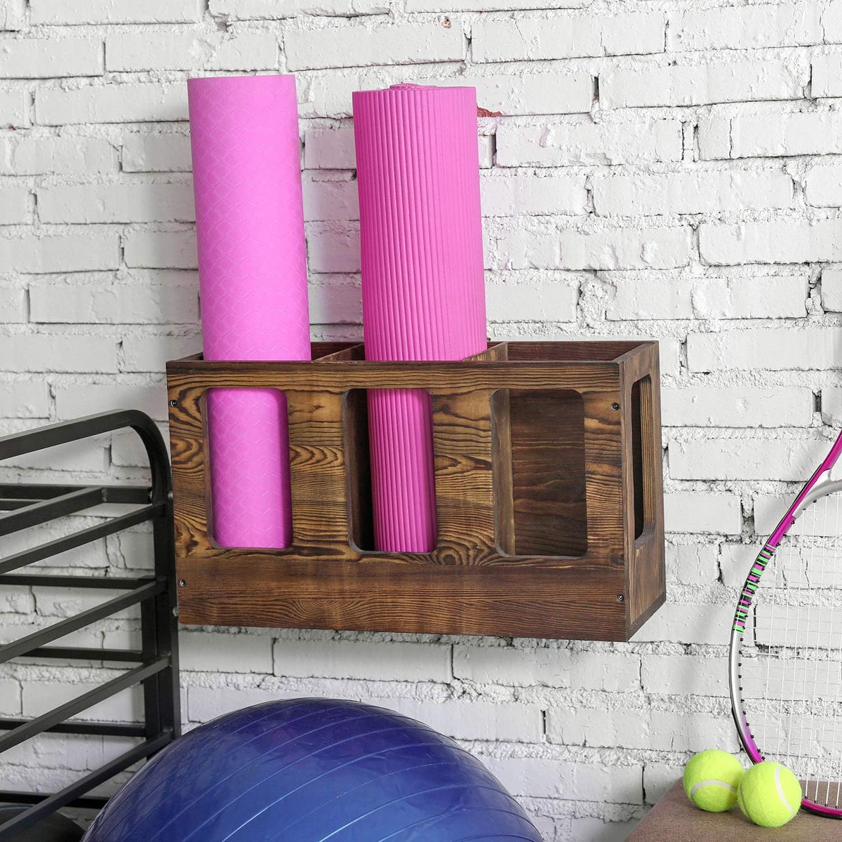 ApexMove Architectural Solid Wood Yoga Mat & Foam Roller Storage Rack