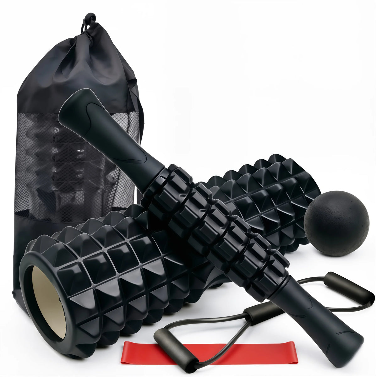 6-in-1 Foam Roller & Muscle Recovery Set – Deep Tissue Massage Roller Stick, Spiky Ball, Resistance Band & Travel Bag