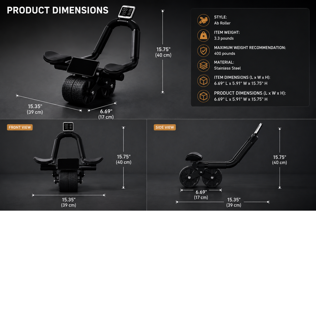 Smart Automatic Rebound Ab Roller Wheel with Ergonomic Elbow Support, Digital Timer & Knee Mat