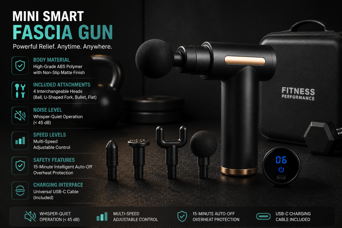 Portable Mini Deep Tissue Massage Gun (USB-C Rechargeable, 4 Interchangeable Heads)