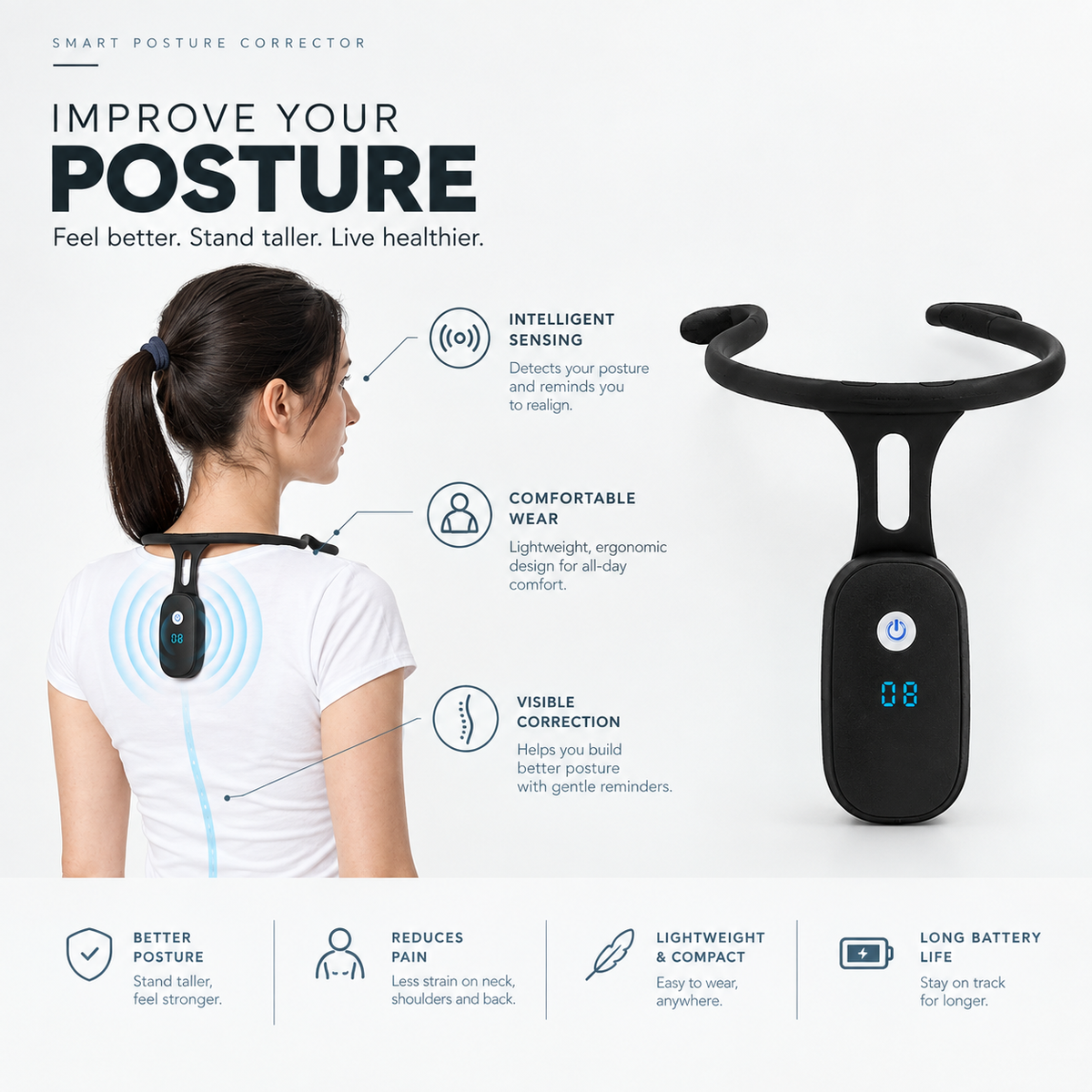 ApexMove™ PulseAlign Smart Posture Trainer – Neck-Hanging Sensor with LCD Slouch Counter & Haptic Vibration Reminder