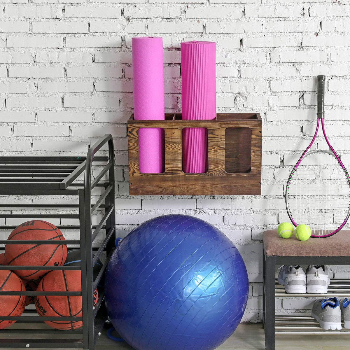 ApexMove Architectural Solid Wood Yoga Mat & Foam Roller Storage Rack