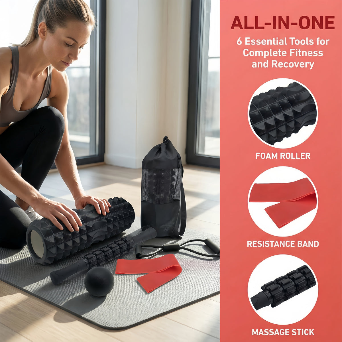 6-in-1 Foam Roller & Muscle Recovery Set – Deep Tissue Massage Roller Stick, Spiky Ball, Resistance Band & Travel Bag