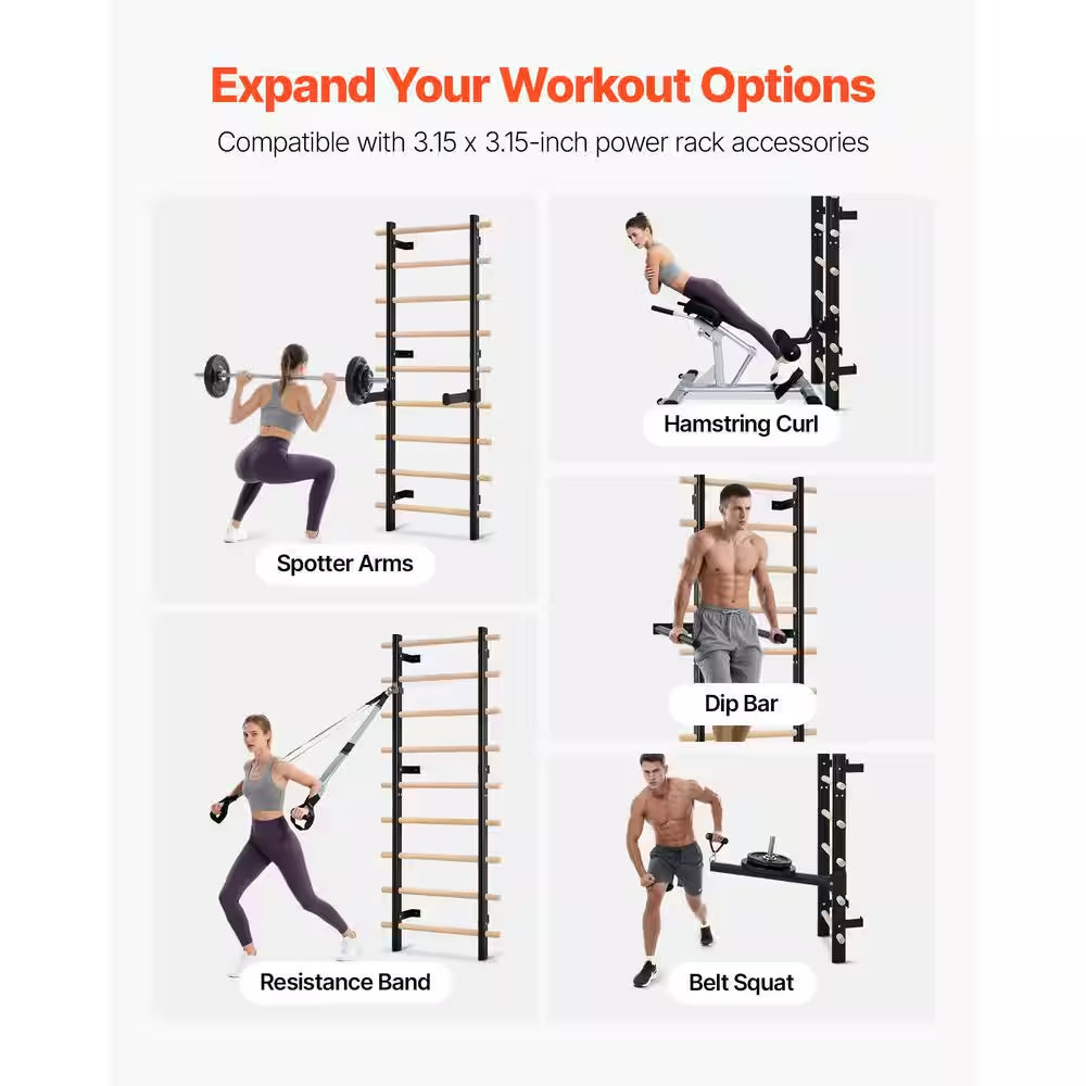 Apex Pro Solid Beechwood Swedish Ladder Wall Gym | 9-Rung Carbon Steel Stall Bar System