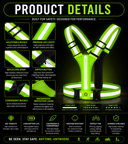 ApexMove LED Reflective Vest Running Gear – USB Rechargeable Light Up Running Lights for Joggers & Cyclists, 360° High Visibility Belt with 3 Light Modes, Ultra-Lightweight (120g) & Adjustable Fit