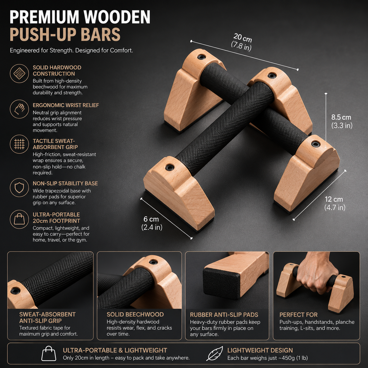 Apex Pro Natural Beechwood Calisthenics Parallettes | Non-Slip Ergonomic Push-Up Bars