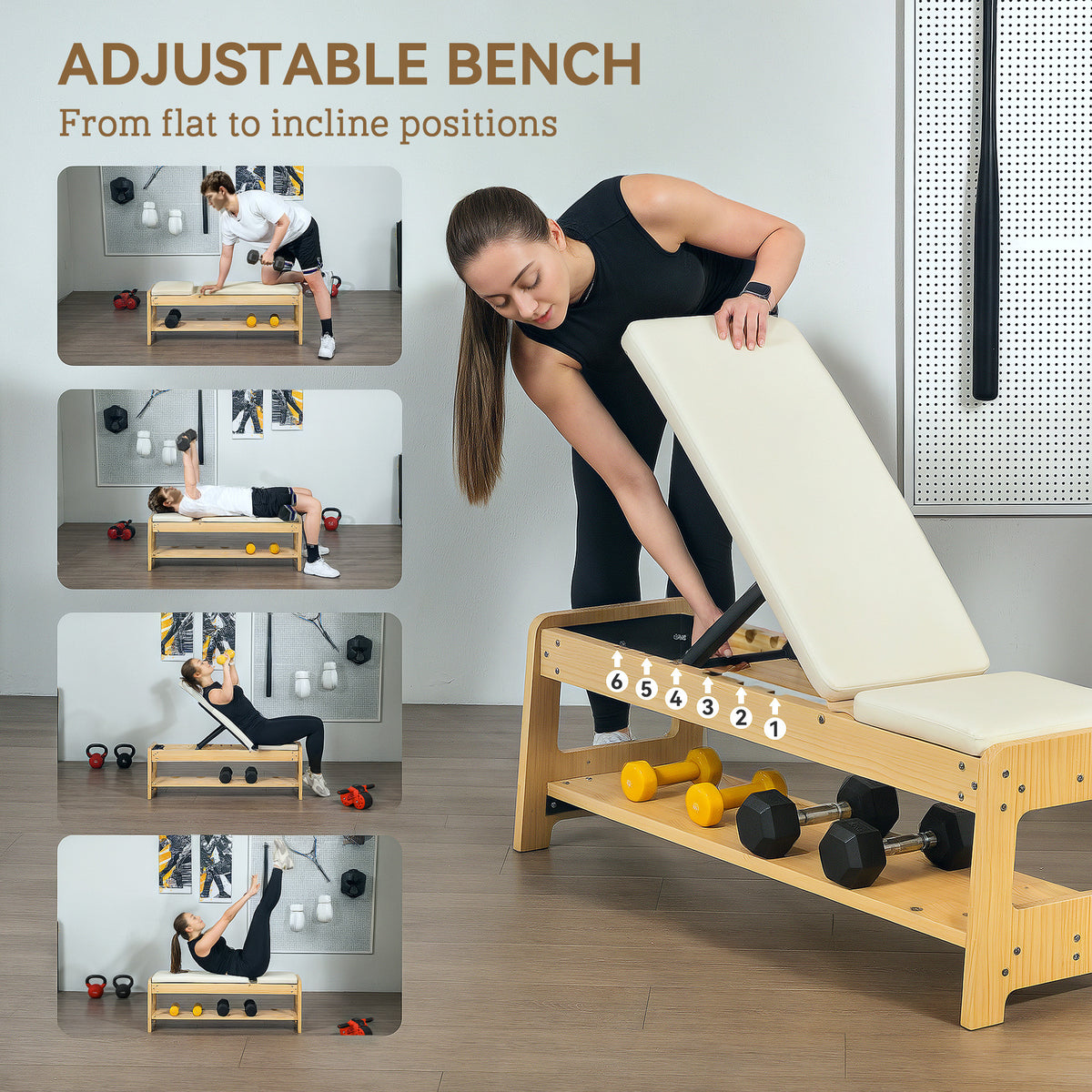ApexMove Modern Wooden Adjustable Weight Bench – Premium Incline & Flat Strength Bench with Integrated Dumbbell Rack