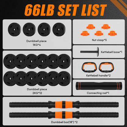 Modular 4-in-1 Adjustable Weight System (66 LBS) – Convertible Dumbbell, Barbell & Kettlebell Home Strength Set