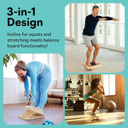 3-in-1 Wooden Slant Board & Balance Board – Knee, Calf & Mobility Trainer