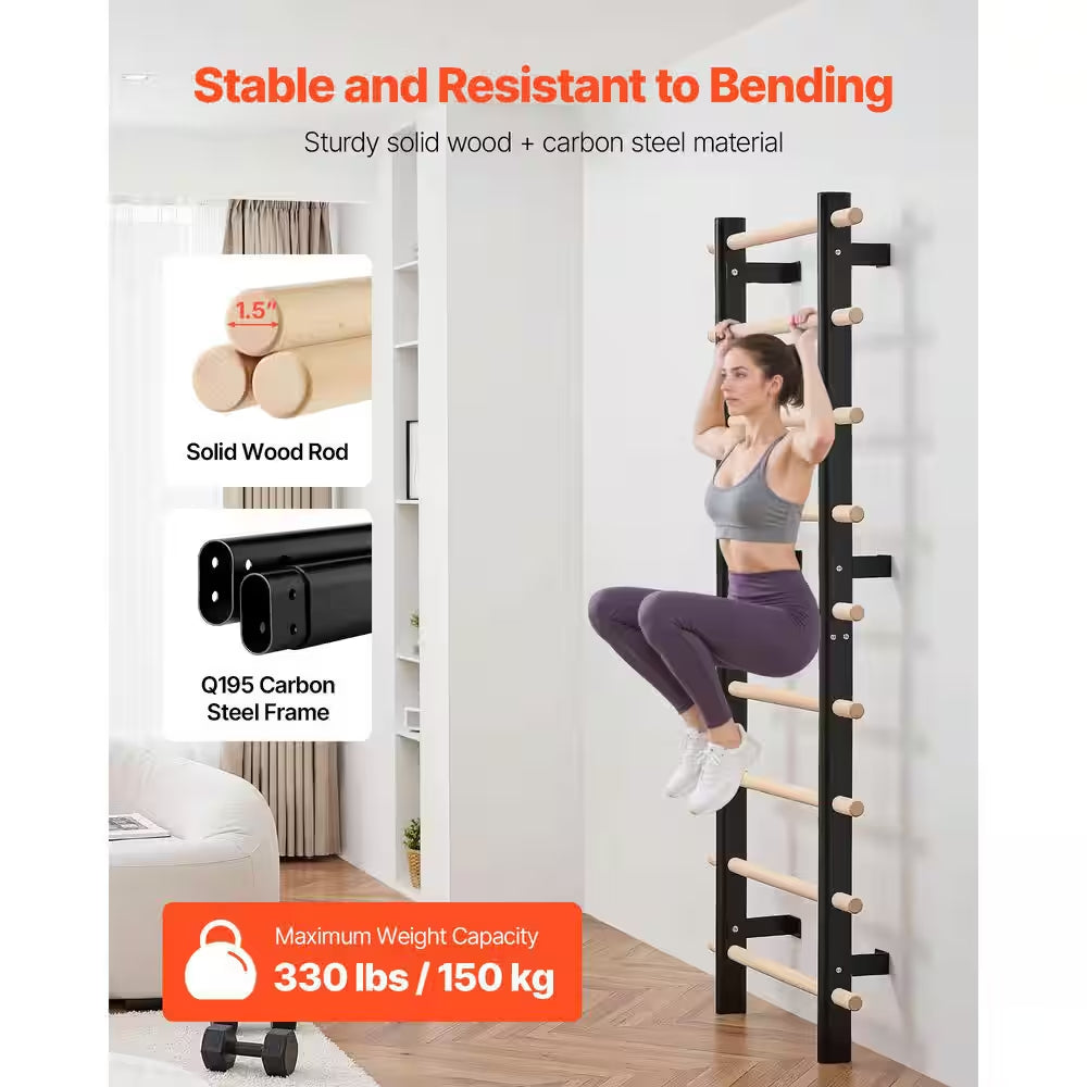 Apex Pro Solid Beechwood Swedish Ladder Wall Gym | 9-Rung Carbon Steel Stall Bar System