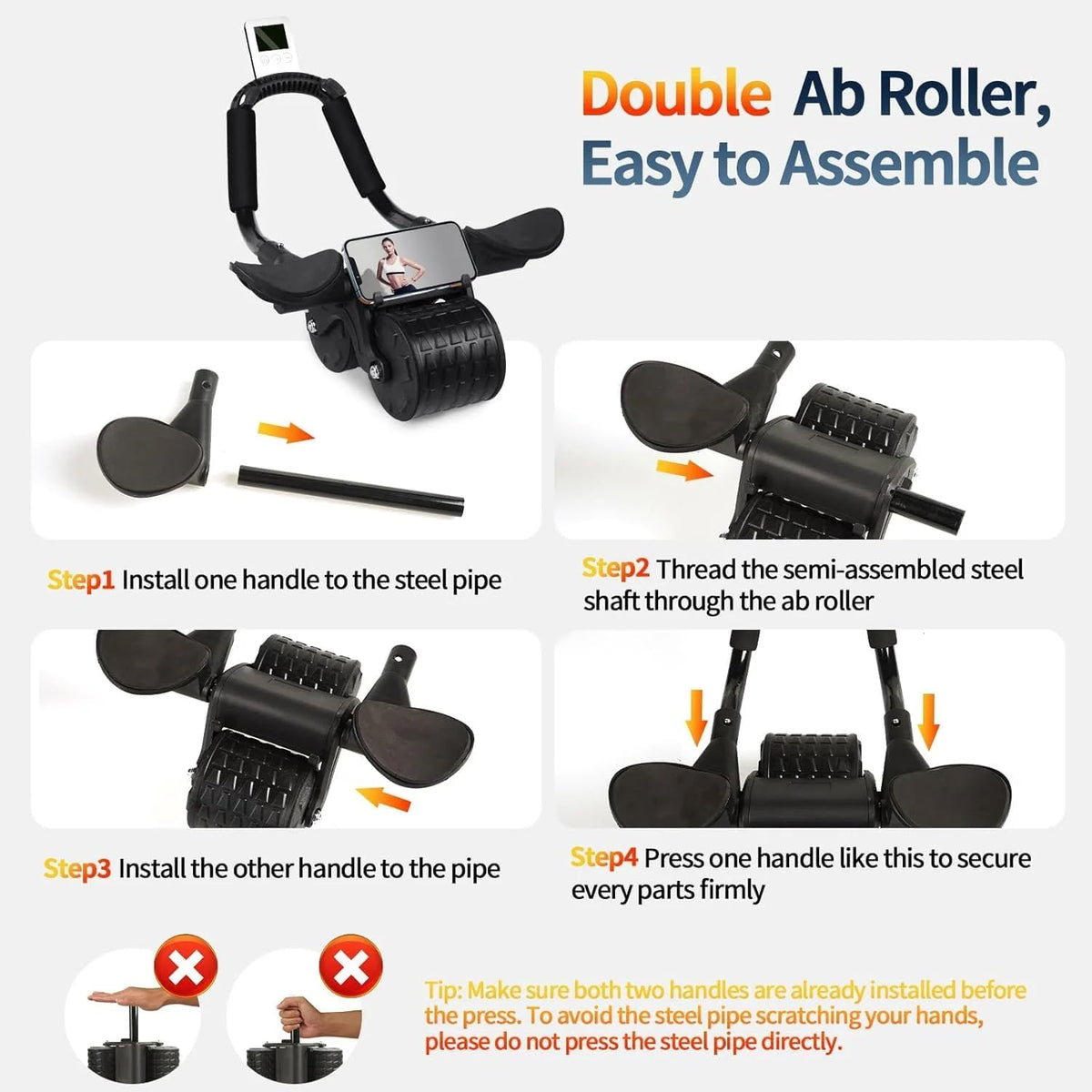 Smart Automatic Rebound Ab Roller Wheel with Ergonomic Elbow Support, Digital Timer & Knee Mat