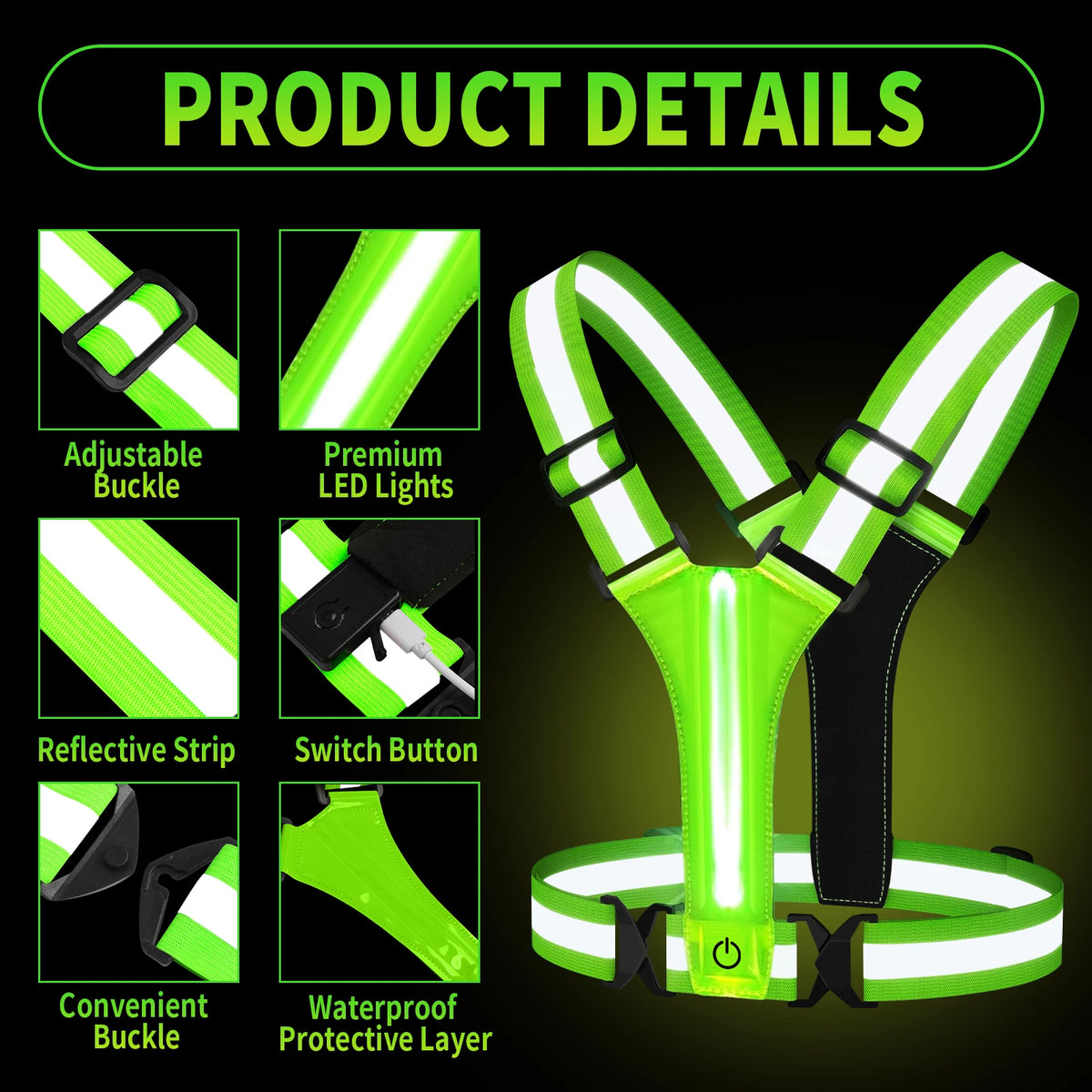 ApexMove LED Reflective Vest Running Gear – USB Rechargeable Light Up Running Lights for Joggers & Cyclists, 360° High Visibility Belt with 3 Light Modes, Ultra-Lightweight (120g) & Adjustable Fit