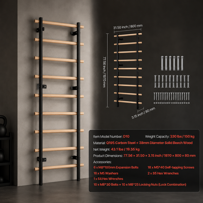 Apex Pro Solid Beechwood Swedish Ladder Wall Gym | 9-Rung Carbon Steel Stall Bar System